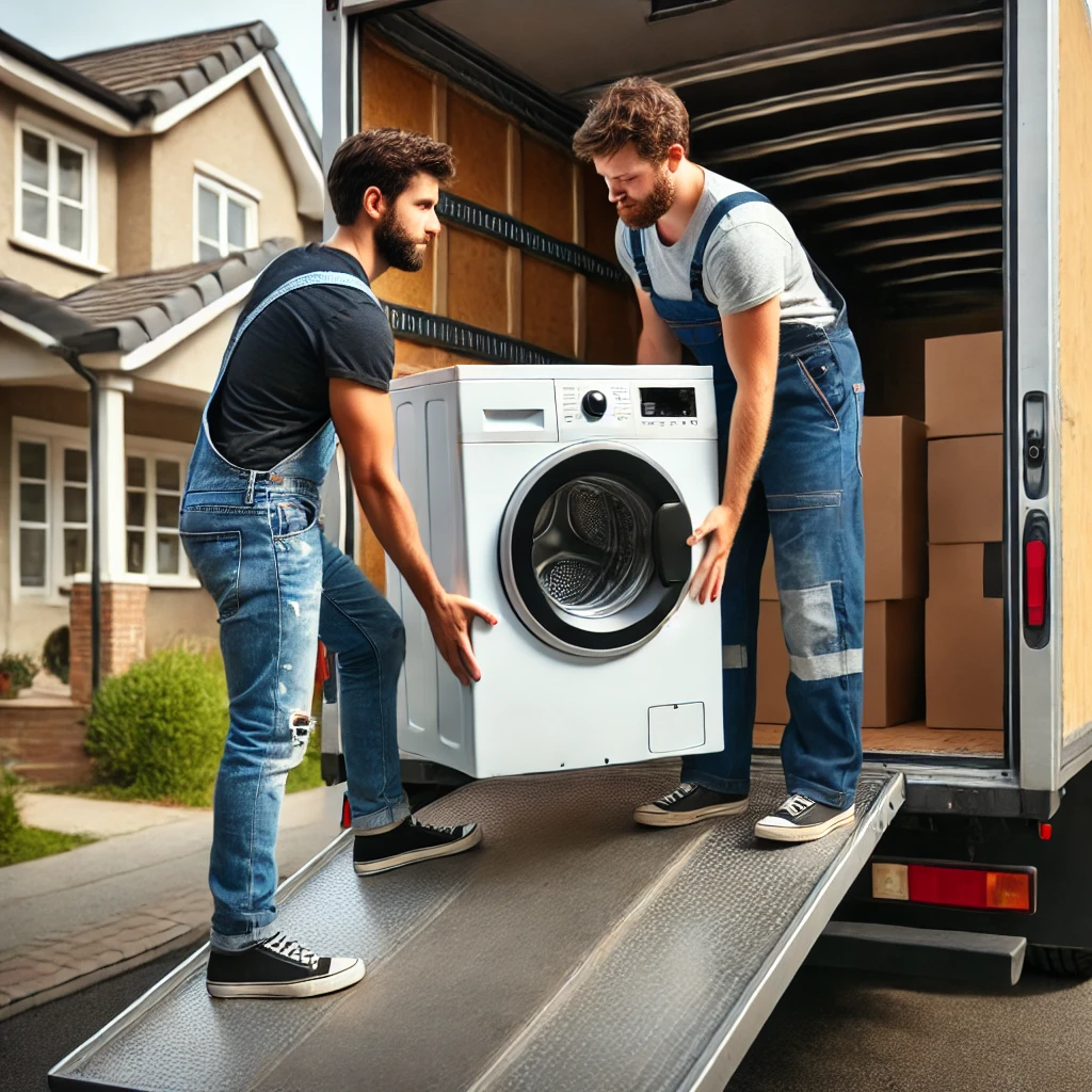 Men moving washing machine into truck - Alliance Junk Removal